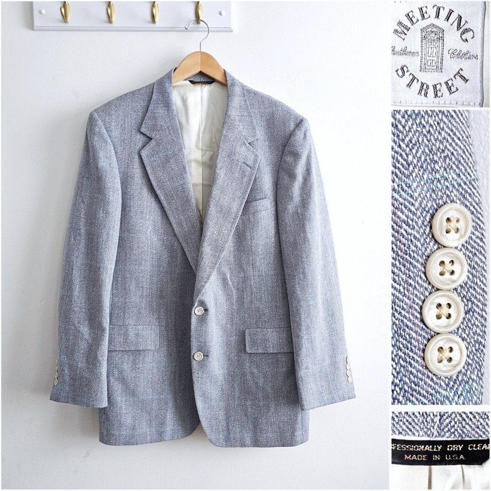 Vintage Meeting Street Herringbone Sport Coat Wool Blazer 43L Made In USA